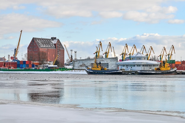 Afgemeerde vrachtschepen en havenkranen in de haven. zeehaven, vrachtcontainerwerf, containerschipterminal, scheepswerf. zaken en commercie, logistiek