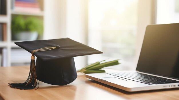 Afgestudeerde pet met diploma op de tafel met kopieerruimte achtergrond