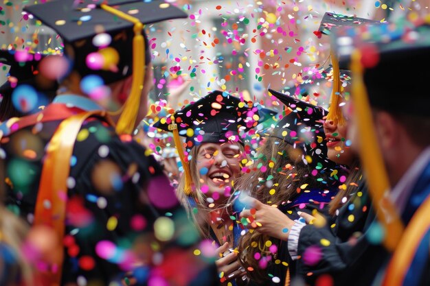 Foto afgestudeerden gooien confetti in de lucht.