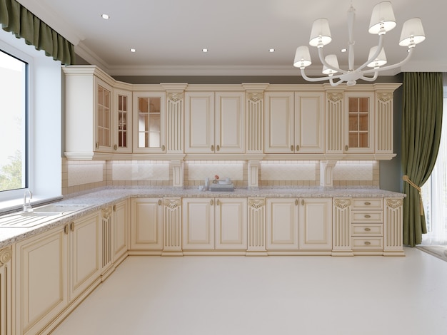 Afgewerkt project van klassieke keuken met houten details en marmeren vloer, luxe licht interieur, 3D-rendering