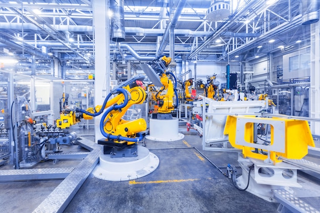 Afgezwakt schot van robots in een autofabriek