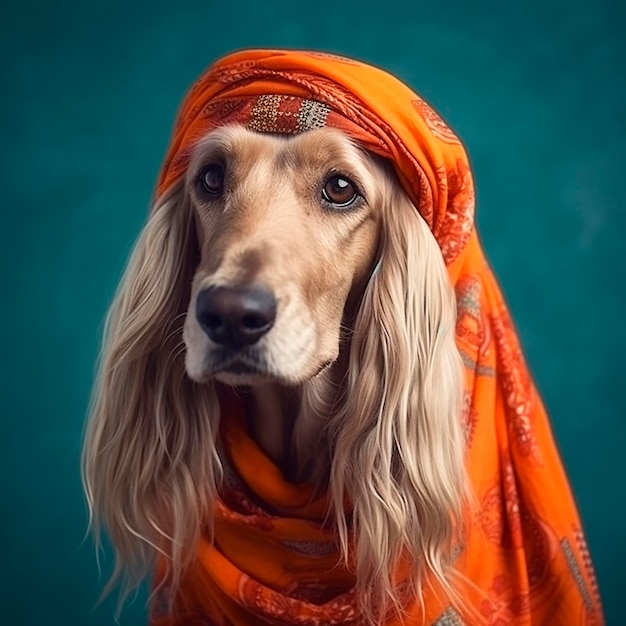 Afghaanse hond in een nationale sjaal turban grappig schattig huisdier close-up portret