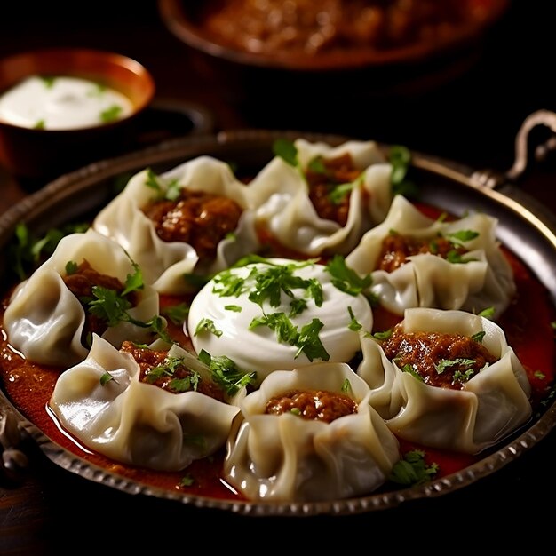 Foto afghaanse verrukking het proeven van de gekruide goedheid van mantu dumplings