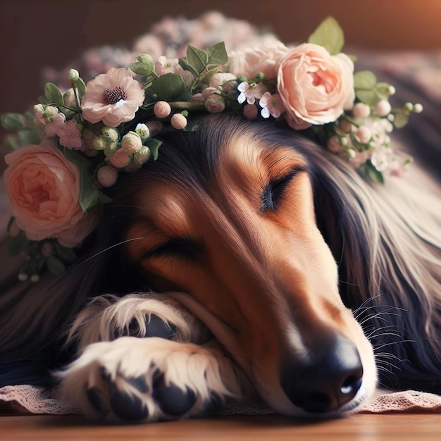 Photo afghan hound dog sleeping on the wooden floor wearing a flower crown on his head