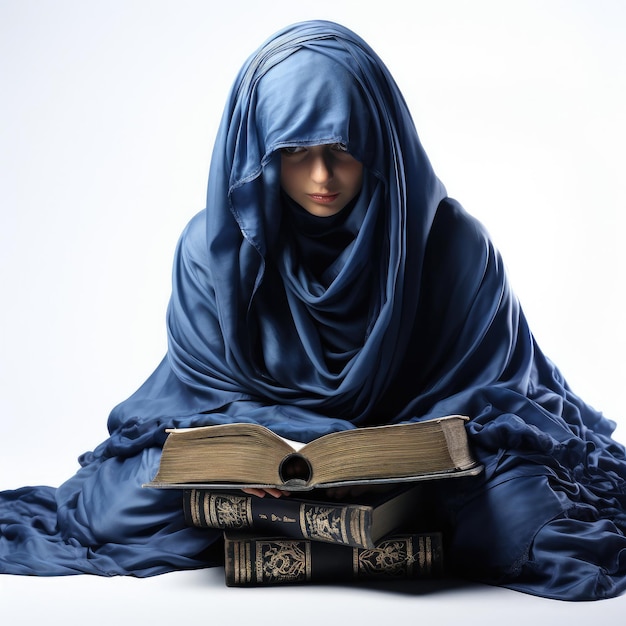 Afghan Woman in Blue Burqa with Book