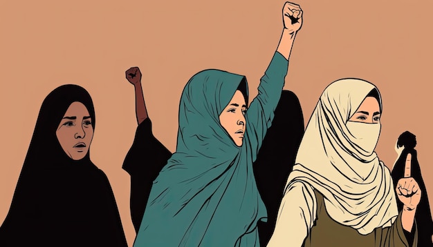 Afghan women fighting for her rights Women against the oppression and inequality of the Taliban regime on women Color illustration Generative AI