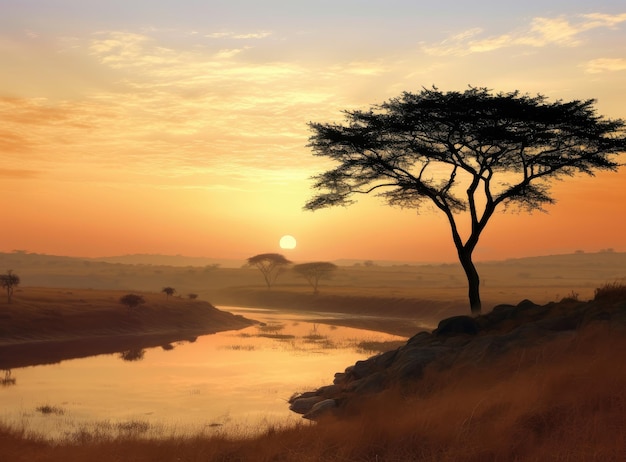 夕方の光の中のアフリカのサバンナ