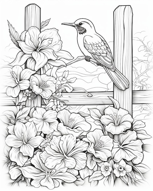 Afkleurpagina's Vogel en bloemen