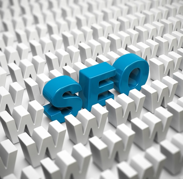 Afkorting SEO in het midden van een menigte van W-letters, afbeelding geschikt voor internetstrategie, 3D-illustratieafbeelding.