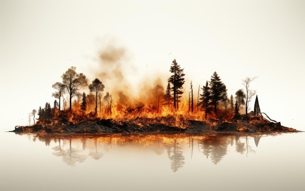 Foto immagine istantanea di un bosco in fiamme, una foresta in fiamme isolata su uno sfondo bianco