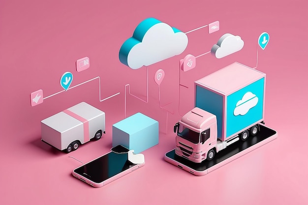 Foto aflevering van zendingen per vrachtwagen en pinpointer marker locatie met smartphone en cloud levering transport logistiek concept op roze achtergrond 3d rendering illustratie