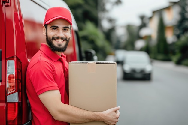 Foto afleveringskoeriersdienst afleveringsman in rode pet en uniform met een kartonnen doos bij een bestelwagen die naar het huis van de klant levert