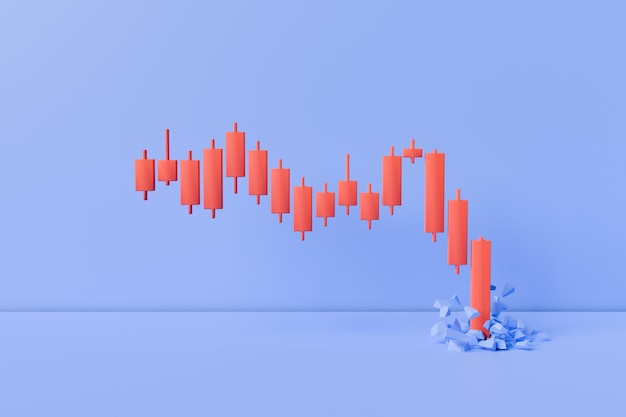 Aflopende rode kandelaargrafiek die de grond breekt op een blauwe achtergrond 3D-weergave
