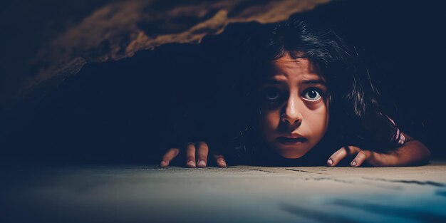 Испуганный ребенок прячется в бомбоубежище во время ракетной атаки на город