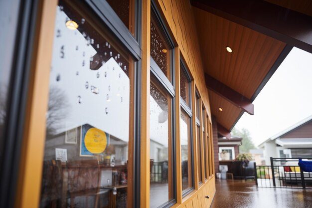 Aframe tijdens een regenbui met waterdruppels op de ramen