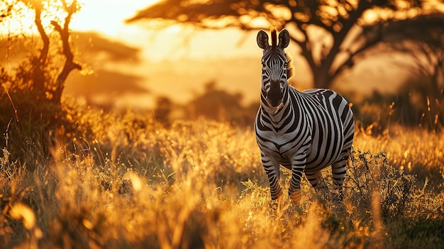 Africa sunset plains zebra in the grass natural habitat with evening light