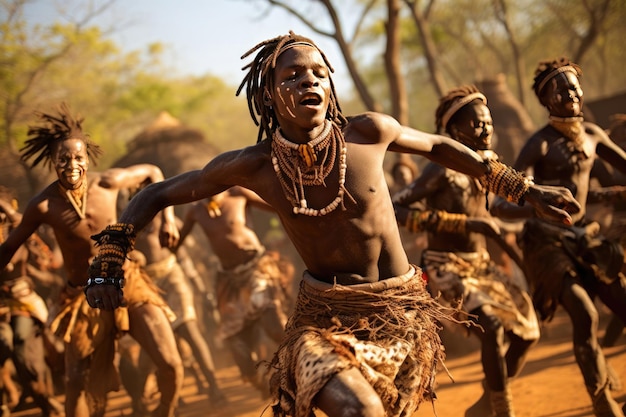写真 顔を塗ったアフリカの先住民は民族ダンスを踊ります