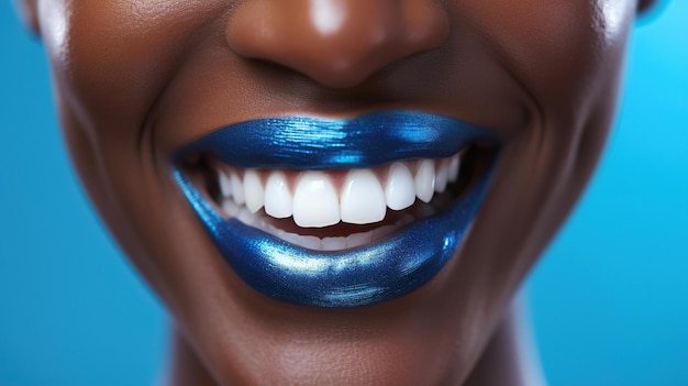 African american attractive womans cyan gloss lips and white teeth smiling