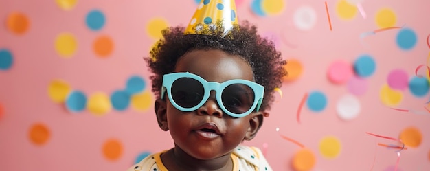 African American Baby boy with party hat and sunglasses on pink background with confetti