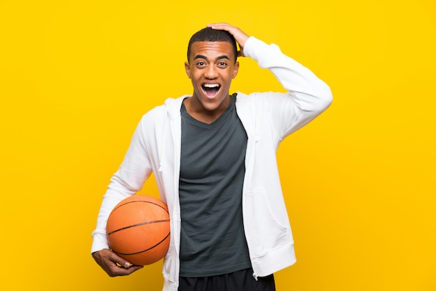 African American basketball player man with surprise and shocked facial expression