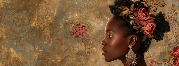 African American Beauty Adorned with Peony Flowers