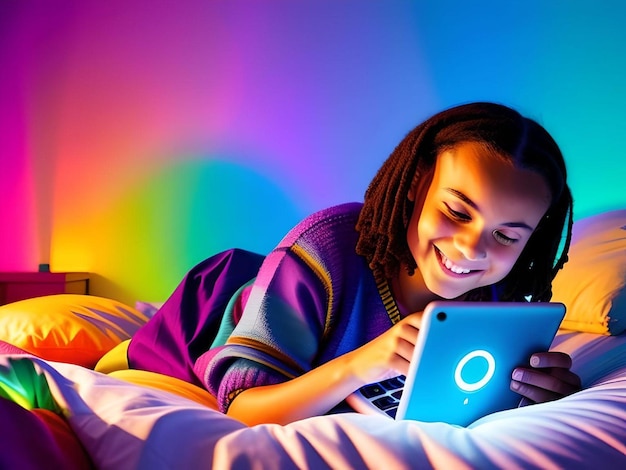 African american black girl with afro hair playing with her gadget on the bed