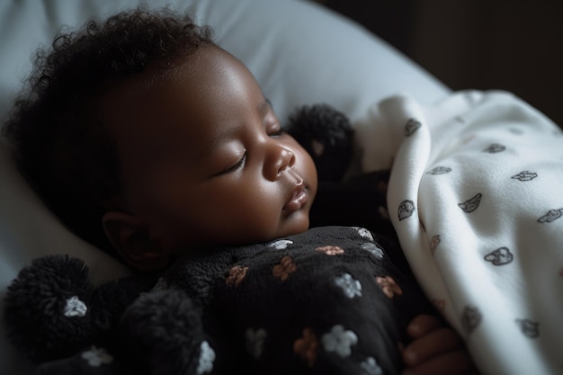 Афро-американский черный младенец мирно спит в уютном одеяле в мягкой удобной детской
