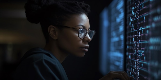 African American Black woman coder programmer using computer for coding screen with code lines copyspace Generative AI