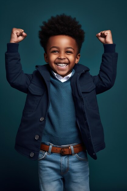 Африканский американский мальчик, одетый в стильную одежду, празднует успех, поднимает руки, кулаки изолированы на синем фоне.