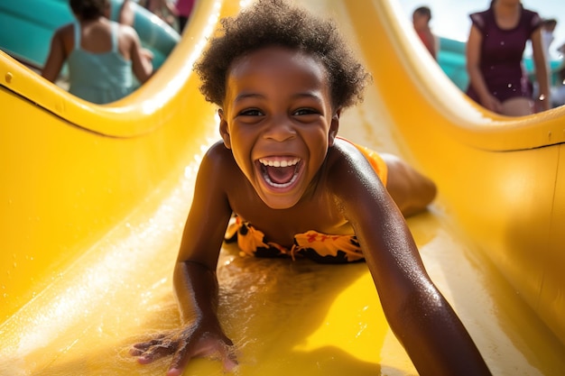 african American boy having fun laughing slides down on yellow water slide in aquapark summer holiday and vacations