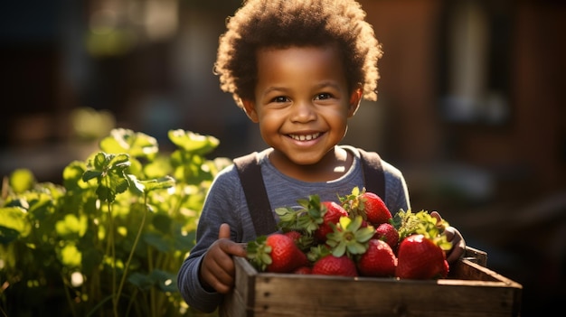 an african american boy holds a wooden box full of strawberries in an organic strawberry garden