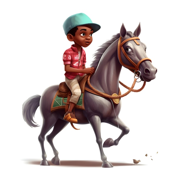 African american boy riding a horse isolated on a white background