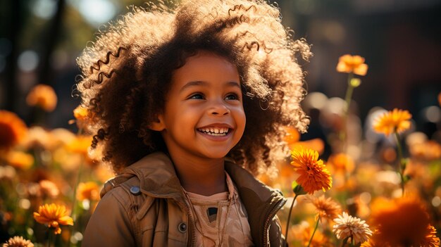 写真 アフリカ系アメリカ人の少年が花畑に立っている間に笑顔で目をそらしている