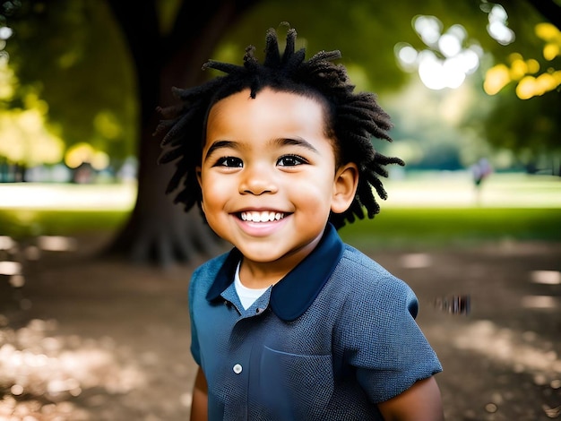 African American Boy Smiling with Shirt Looking at Camera in The Park Illustration