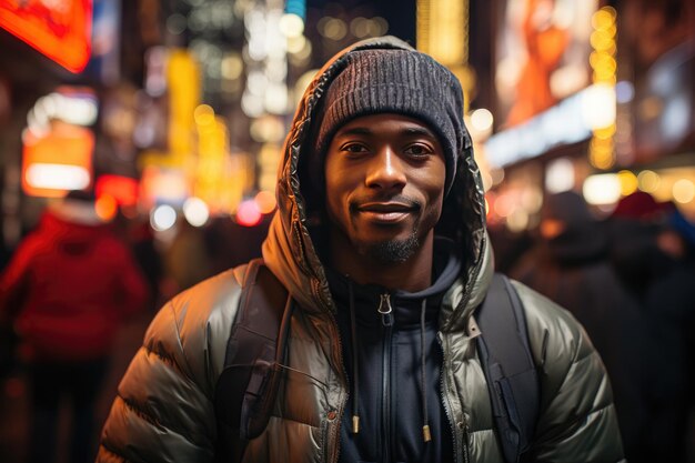 Foto ragazzo afroamericano in abiti urbani che cammina di notte per le strade di una città concepto di persone urbane immagine creata con ai