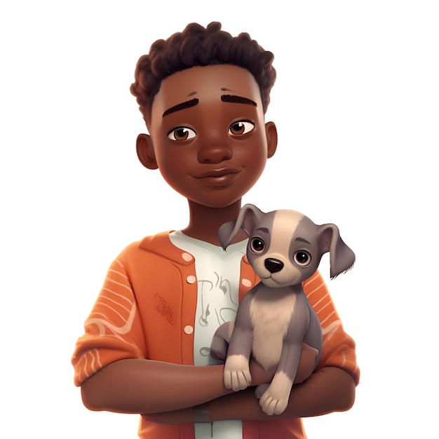 African American boy with a dog on a white background 3d rendering