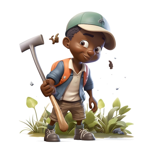 African American boy with a hammer in the garden isolated on white