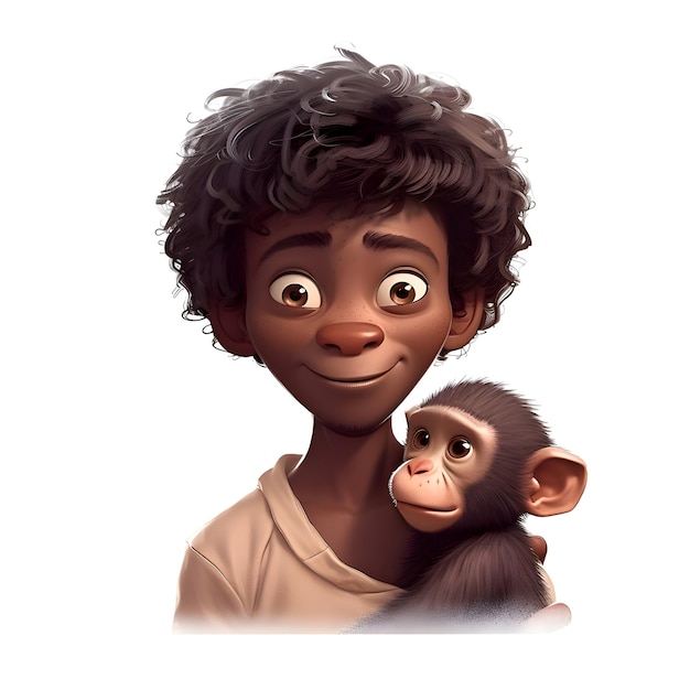 African American boy with monkey on a white background Vector illustration