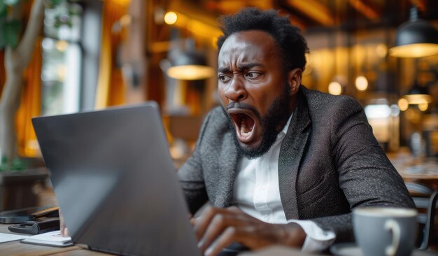 아프리카계 미국인 사업가가 노트북을 보고 비명을 지르고 있습니다.