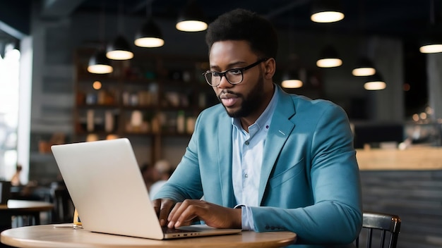 African american business man using laptop in a cafe