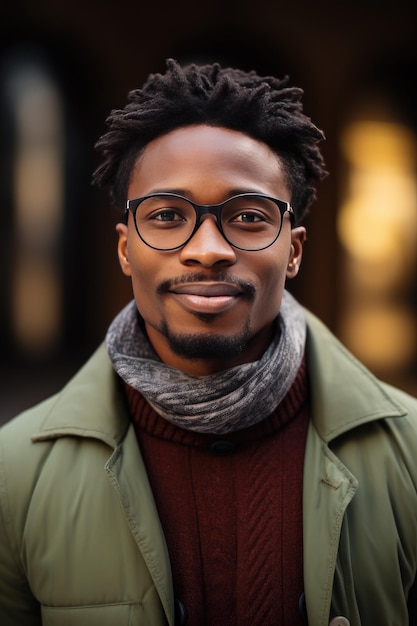 African American businessman in lifestyle clothes wearing glasses on the street Generative AI