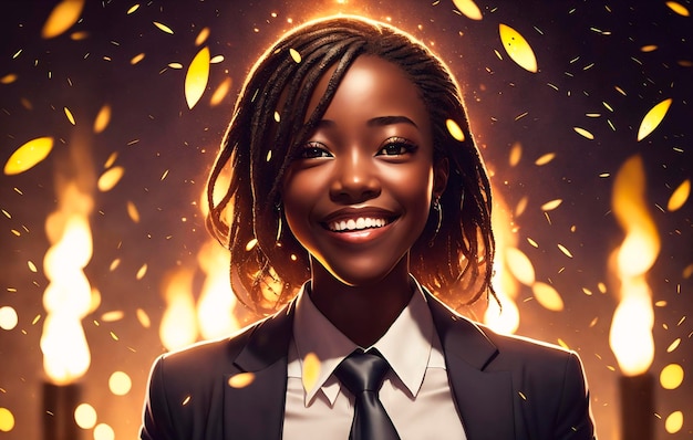 African american businesswoman Female in a suit with flying confetti Elegant black woman in classic style Generative AI