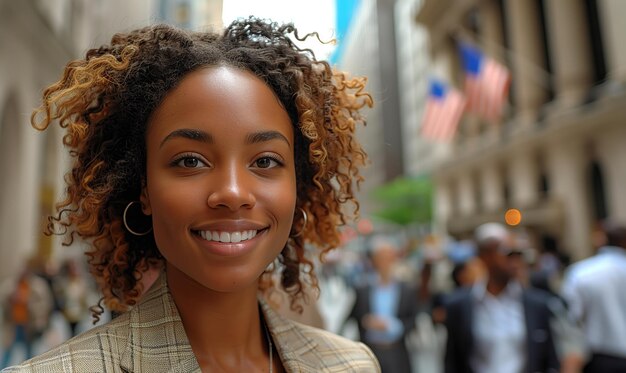 Photo african american businesswoman going to work among crowd of busy people in urban city skyscrapers