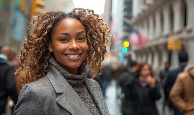 Photo african american businesswoman in suit going to work among crowd of busy people in city skyscrapers