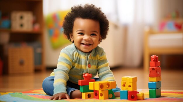 African american child playing with colorful block toys