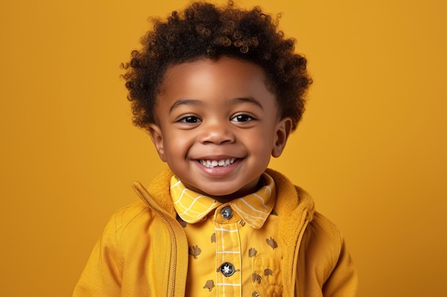 African American child portrait black boy isolated on studio background generative AI Little kid in casual clothes against yellow wall Concept of young people and school