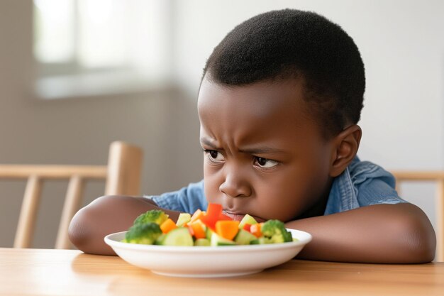 Photo african american child rejects vegetables unhappy with healthy meal