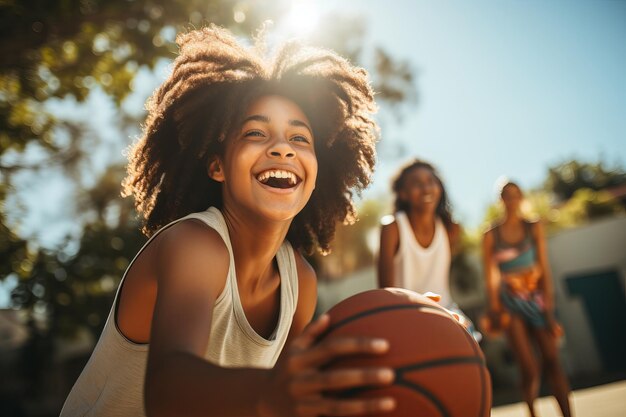 African American children playing basketball on street court