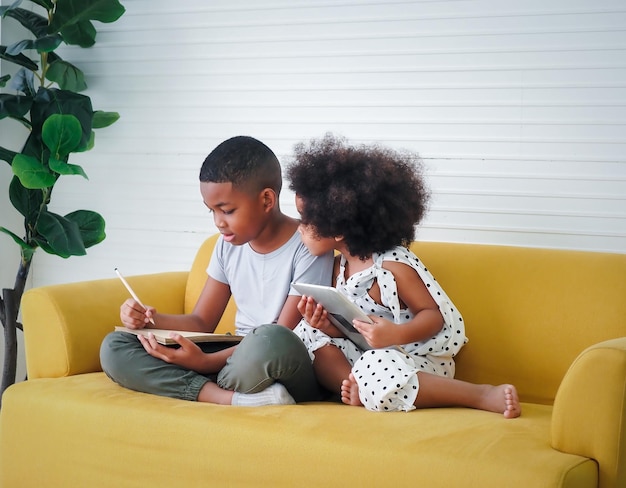 African American children's brother and little sister concentrated on writing notebooks on the sofa at home using tablet computers to make video calls with family and friends