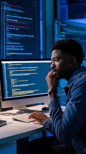 アフリカ系アメリカ人のプログラマーCSS HTML スクリプトを使用してバイナリコードインターフェースをプログラミング